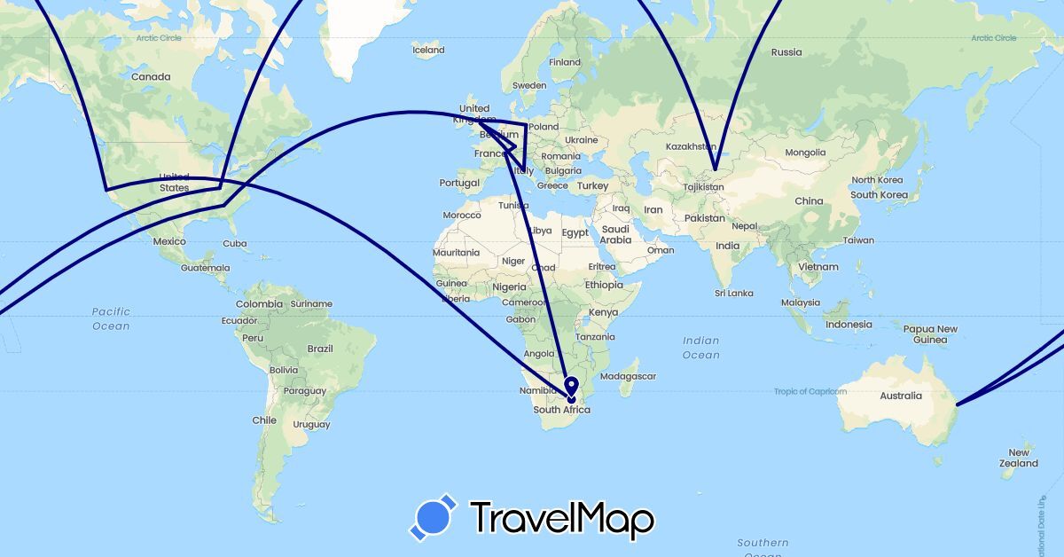 TravelMap itinerary: driving in Australia, Switzerland, Germany, United Kingdom, Italy, Kyrgyzstan, United States, South Africa (Africa, Asia, Europe, North America, Oceania)
